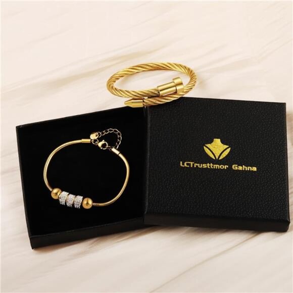 18K Gold Plated Nail Bracelet Set, Adjustable Stackable Bangles for Women 2 Pcs. - Picture 6 of 7